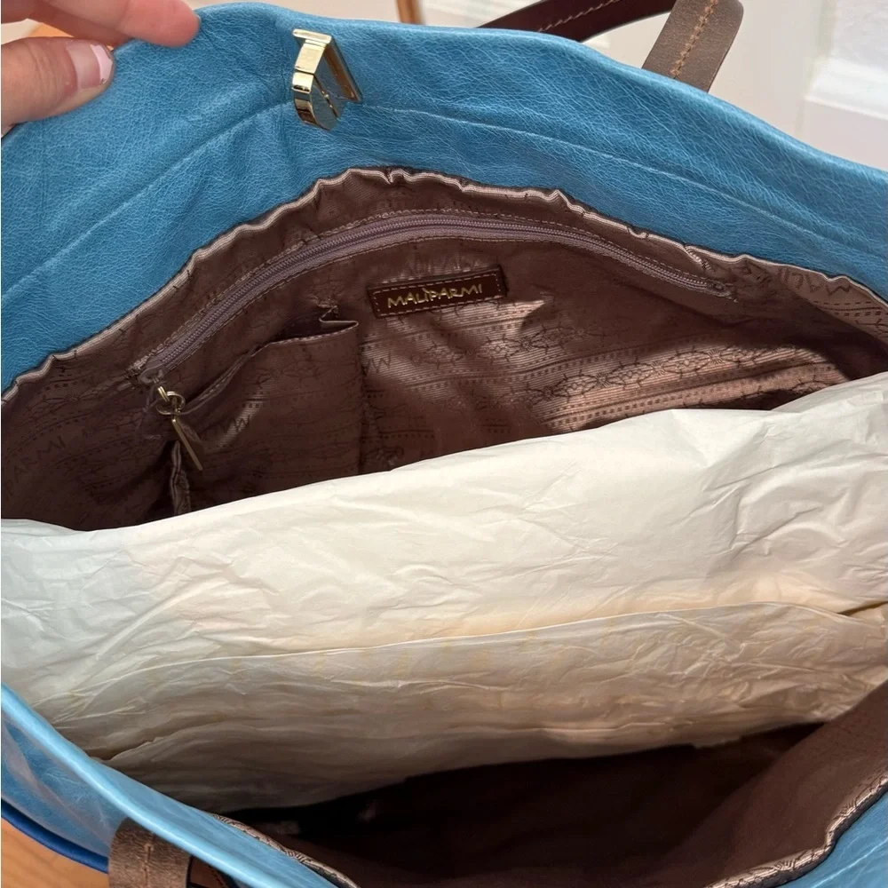 Maliparmi Blue Colorblock Leather Tote with Brown Straps